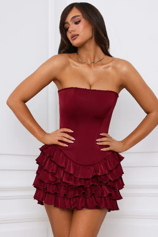 Mini dresses with one - shoulder designsBandeau Ruffled Tiered Corset Mini Dress in Berry Red Mini dresses with one - shoulder designsBandeau Ruffled Tiered Corset Mini Dress in Berry Red