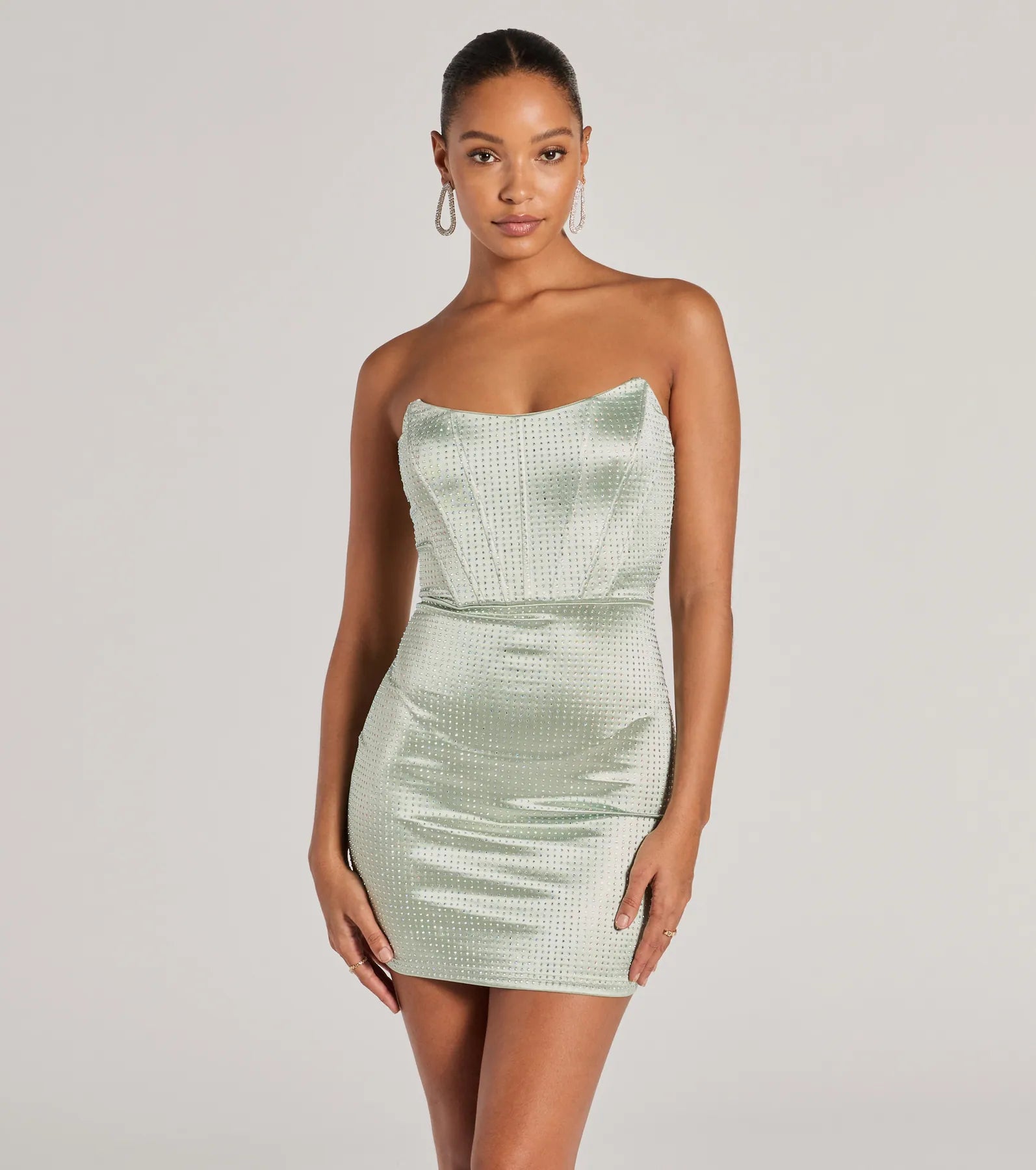 Mini dresses with spaghetti straps for a delicate lookLily Strapless Corset Rhinestone Satin Mini Dress Mini dresses with spaghetti straps for a delicate lookLily Strapless Corset Rhinestone Satin Mini Dress