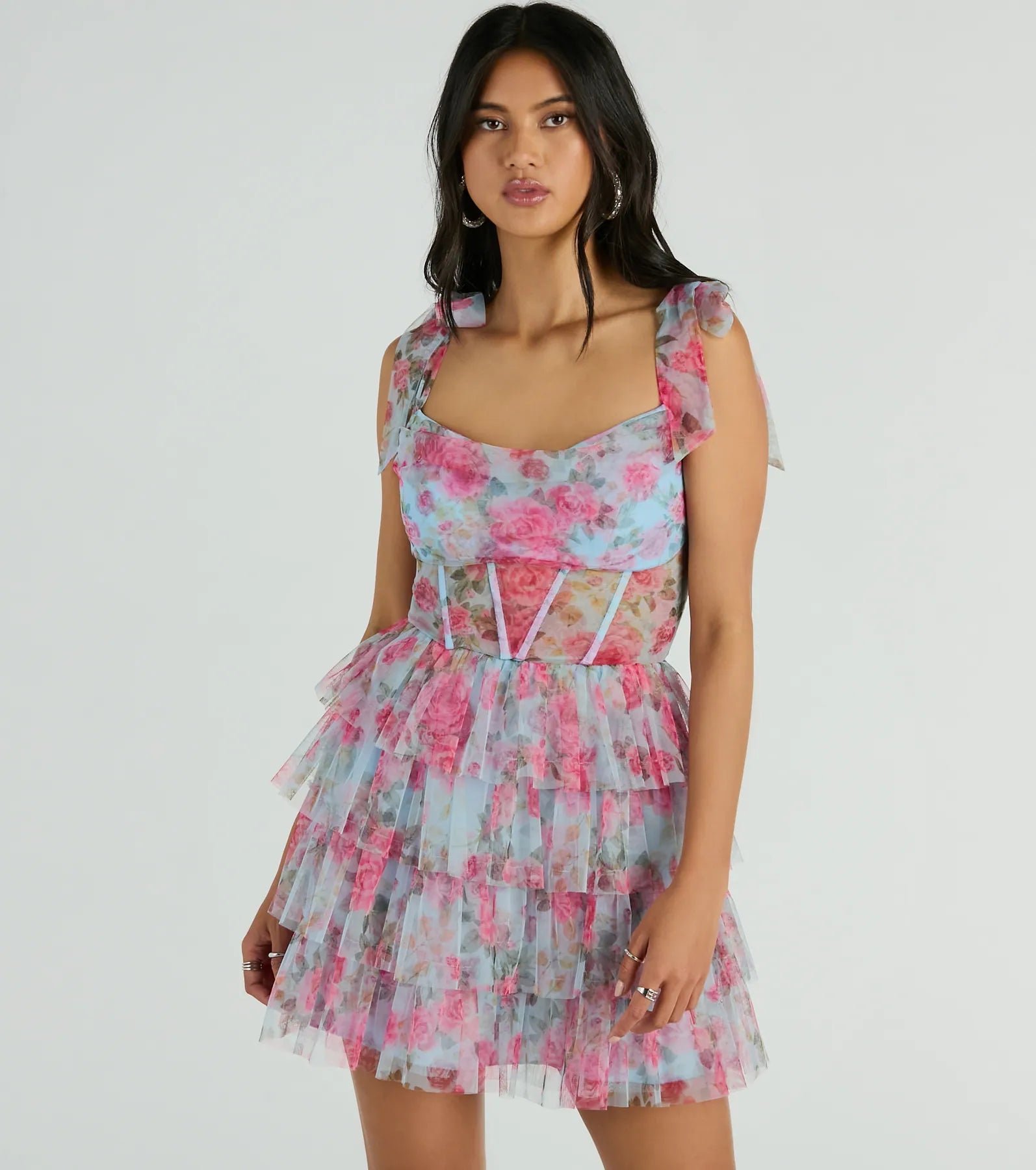 Strapless mini dresses for a beach vacationMandy Corset Ruffle Rose Floral A-Line Party Dress
