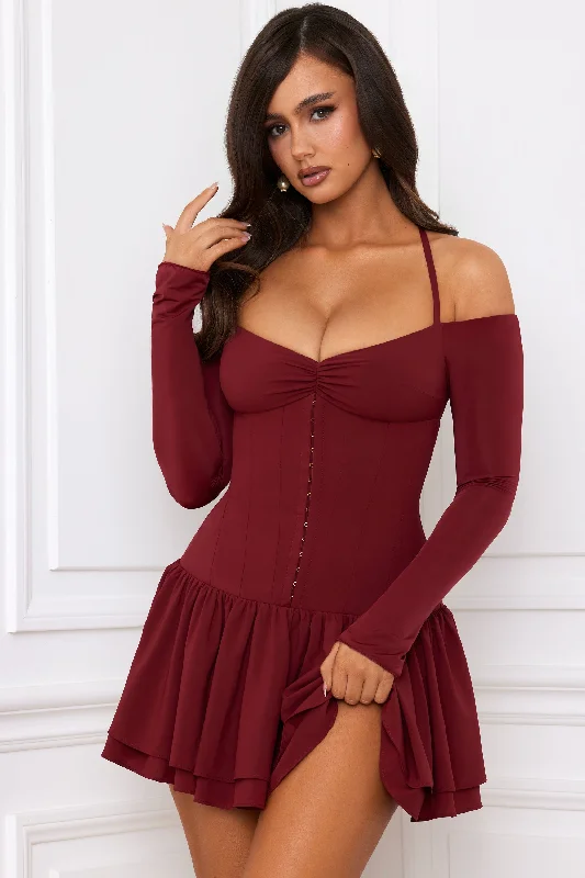 Mini dresses with high - low hems for a modern twistOff-Shoulder Tiered Corset Mini Dress in Berry Red Mini dresses with high - low hems for a modern twistOff-Shoulder Tiered Corset Mini Dress in Berry Red