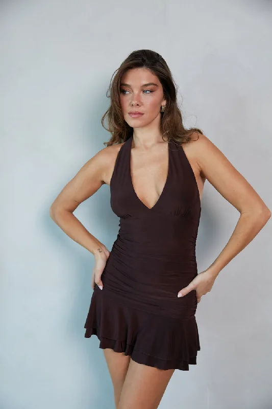 Sheer mini dresses with lace insertsMia Halter Bodycon Mini Dress