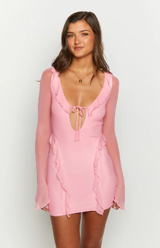 Polyester mini dresses for easy careSurround Sound Pink Mesh Long Sleeve Mini Dress