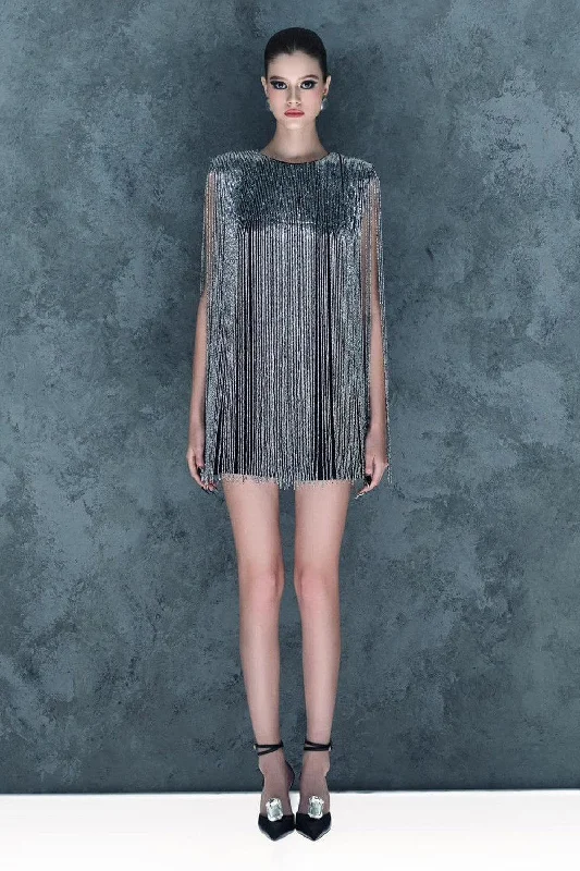 Mini dresses with criss - cross backs for a flirty lookTwila Straight Jewel Neck Satin Mini Dress Mini dresses with criss - cross backs for a flirty lookTwila Straight Jewel Neck Satin Mini Dress
