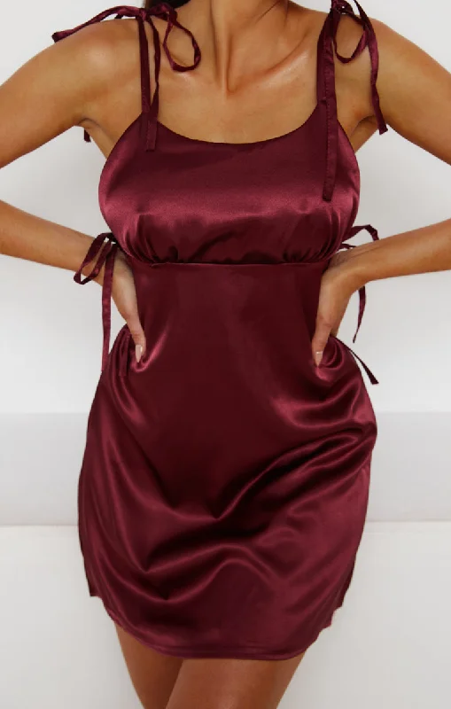 Mini dresses with ruched bodices for a feminine touchWine Satin Ruched Bust Tie Detail Mini Dress - Azaria Mini dresses with ruched bodices for a feminine touchWine Satin Ruched Bust Tie Detail Mini Dress - Azaria