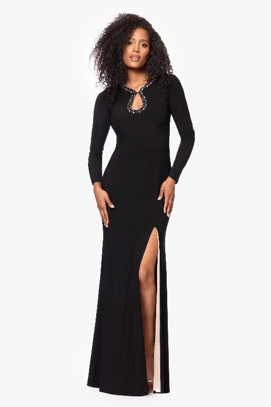Cocktail dresses with a gathered skirt and a button - down front"Marcella" Long Jersey Knit Beaded Keyhole Neck Floor Length Dress Cocktail dresses with a gathered skirt and a button - down front"Marcella" Long Jersey Knit Beaded Keyhole Neck Floor Length Dress