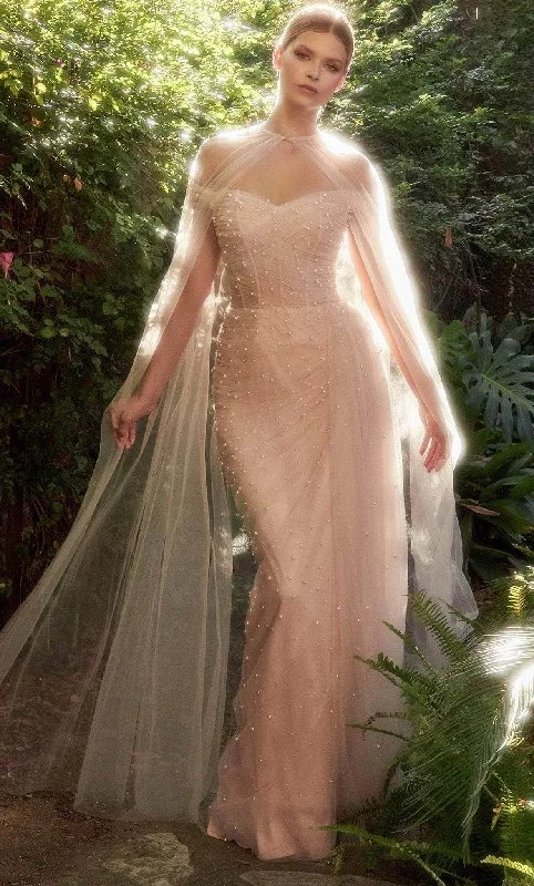 Lace - trimmed wedding guest dresses in blush pinkAndrea and Leo A1219 - Off Shoulder Pearl Beaded Gown