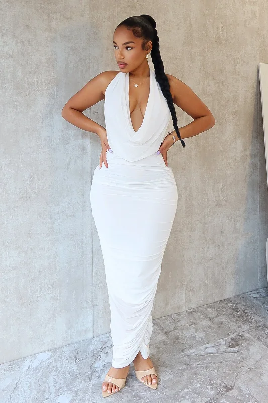 Cocktail dresses with a keyhole back and a midi - lengthBlaise Halter Cowl Neck Mesh Ruched Maxi Dress