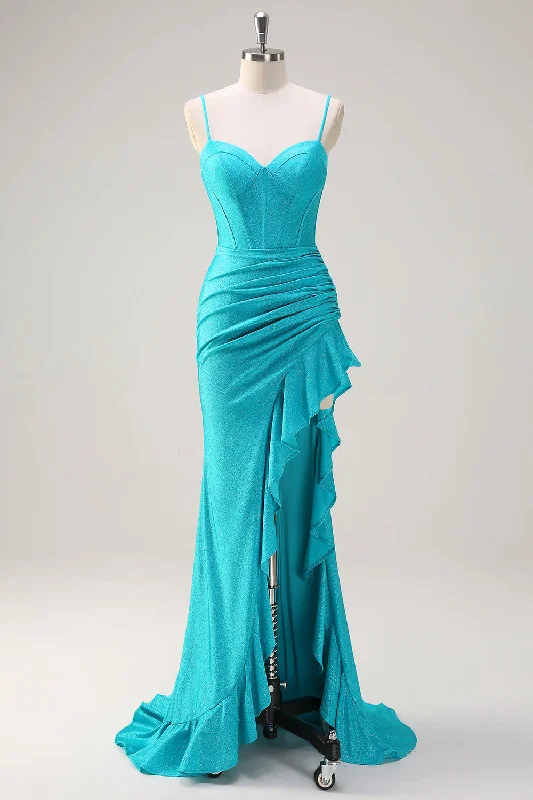 Short cocktail dresses in royal blue for a formal eventBlue Spaghetti Straps Mermaid Beaded Long Corset Prom Dress with Ruffle Slit Short cocktail dresses in royal blue for a formal eventBlue Spaghetti Straps Mermaid Beaded Long Corset Prom Dress with Ruffle Slit