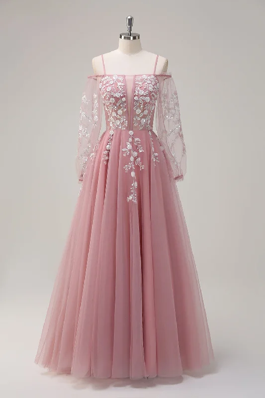 Cocktail dresses with a patchwork pattern and a mid - thigh lengthBlush Floral A Line Cold Shoulder Long Prom Dress with Long Sleeves