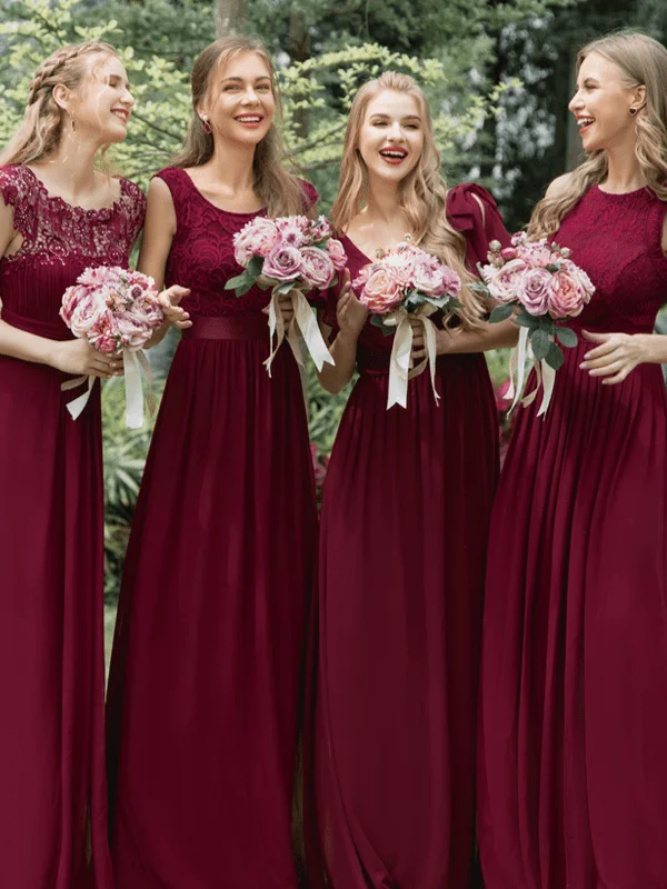 Sheer wedding guest dresses with lace inserts and long sleevesBurgundy Bridesmaid Gowns Sheer wedding guest dresses with lace inserts and long sleevesBurgundy Bridesmaid Gowns