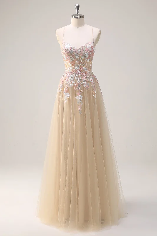 Satin cocktail dresses with a high - low hem for a modern touchSparkly Tulle Champagne A-Line Floral Sequin Prom Dress with Appliques Satin cocktail dresses with a high - low hem for a modern touchSparkly Tulle Champagne A-Line Floral Sequin Prom Dress with Appliques
