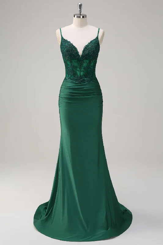 Cocktail dresses with a pleated skirt and a square necklineDark Green Mermaid Spaghetti Straps Ruched Satin Long Prom Dress with Beading Cocktail dresses with a pleated skirt and a square necklineDark Green Mermaid Spaghetti Straps Ruched Satin Long Prom Dress with Beading