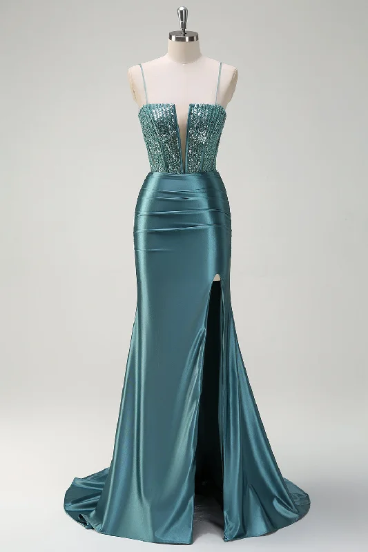 Mini cocktail dresses with a pleated bodice and a spaghetti - strap backSparkly Dark Green Mermaid Spaghetti Straps Beaded Long Prom Dress with Slit Mini cocktail dresses with a pleated bodice and a spaghetti - strap backSparkly Dark Green Mermaid Spaghetti Straps Beaded Long Prom Dress with Slit