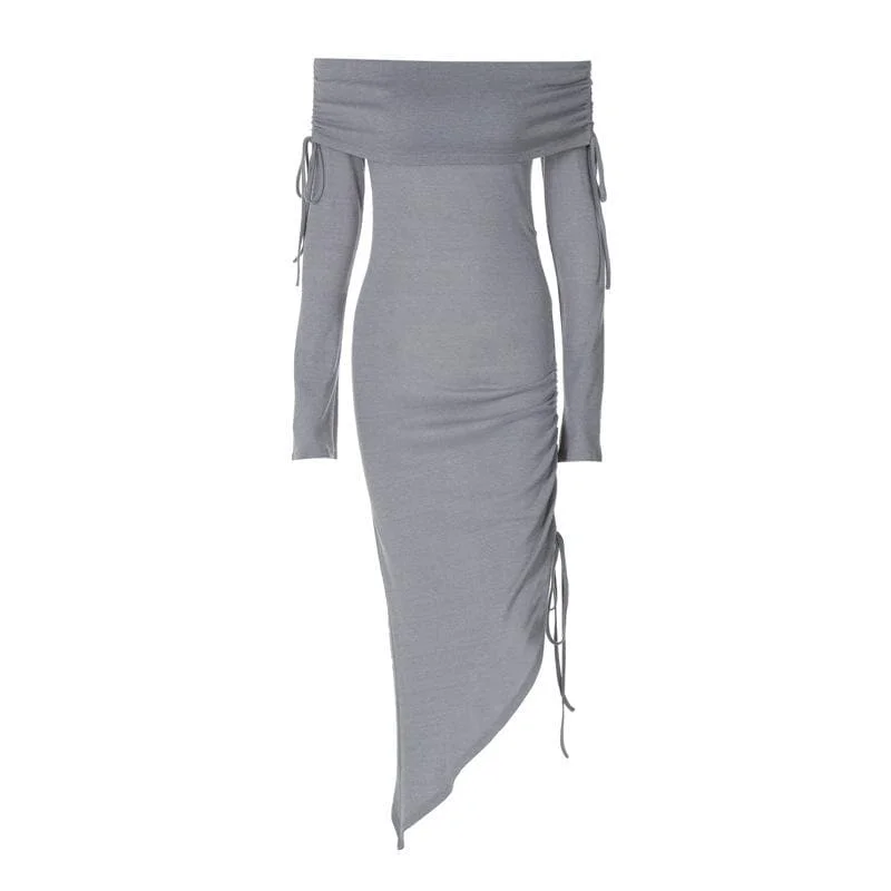 Satin - lined cocktail dresses with a lace outer layerBerryBetty - Drawstring off shoulder irregular long sleeve solid midi dress Satin - lined cocktail dresses with a lace outer layerBerryBetty - Drawstring off shoulder irregular long sleeve solid midi dress