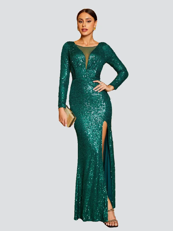 Satin cocktail dresses with a high - low hem for a modern touchFormal V-Neck Sequin Green Prom Dress M02336 Satin cocktail dresses with a high - low hem for a modern touchFormal V-Neck Sequin Green Prom Dress M02336