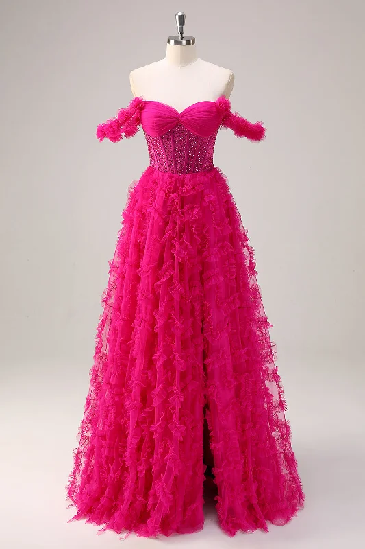 Cocktail dresses with a pom - pom trim and a short - sleeved styleFuchsia A-Line Tiered Off the Shoulder Long Corset Prom Dress with Beading Cocktail dresses with a pom - pom trim and a short - sleeved styleFuchsia A-Line Tiered Off the Shoulder Long Corset Prom Dress with Beading