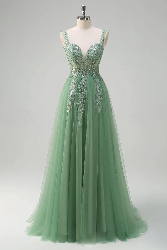 Cocktail dresses with a patchwork pattern and a mid - thigh lengthGreen A-Line Spaghetti Straps Tulle Long Prom Dress with Appliques Cocktail dresses with a patchwork pattern and a mid - thigh lengthGreen A-Line Spaghetti Straps Tulle Long Prom Dress with Appliques