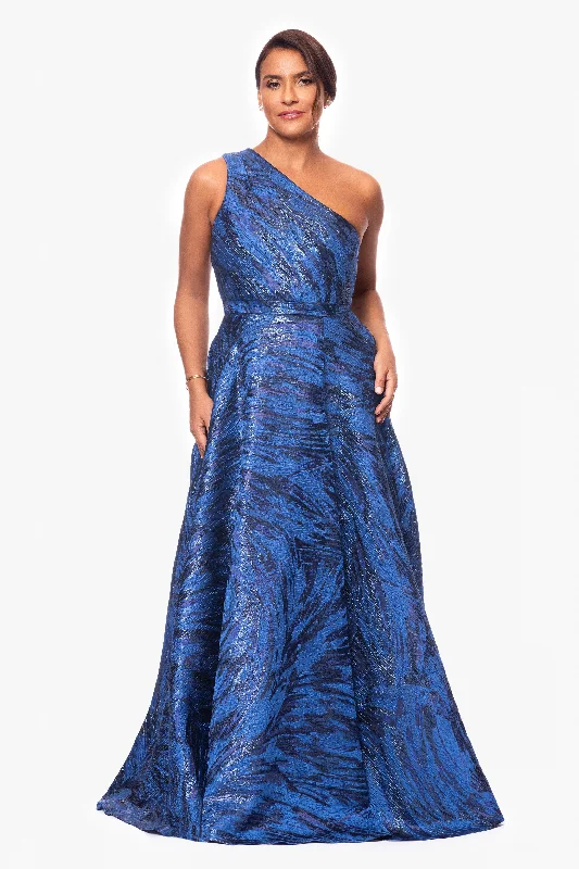 Cocktail dresses with a pom - pom trim and a short - sleeved style"Heather" Long Brocade One-Shoulder Ballgown Cocktail dresses with a pom - pom trim and a short - sleeved style"Heather" Long Brocade One-Shoulder Ballgown