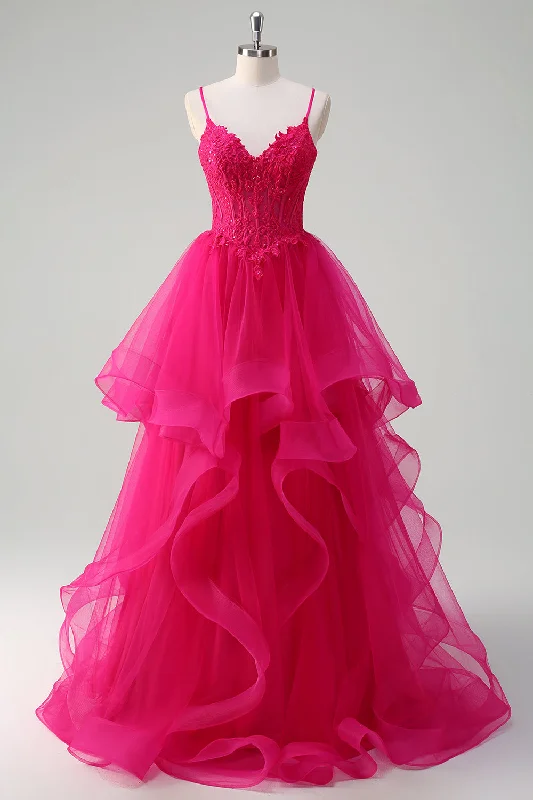 Long - cocktail dresses with a slit and a fitted bodiceHot Pink Appliques Corset Spaghetti Straps A Line Spiral Ruffles Prom Dress Long - cocktail dresses with a slit and a fitted bodiceHot Pink Appliques Corset Spaghetti Straps A Line Spiral Ruffles Prom Dress