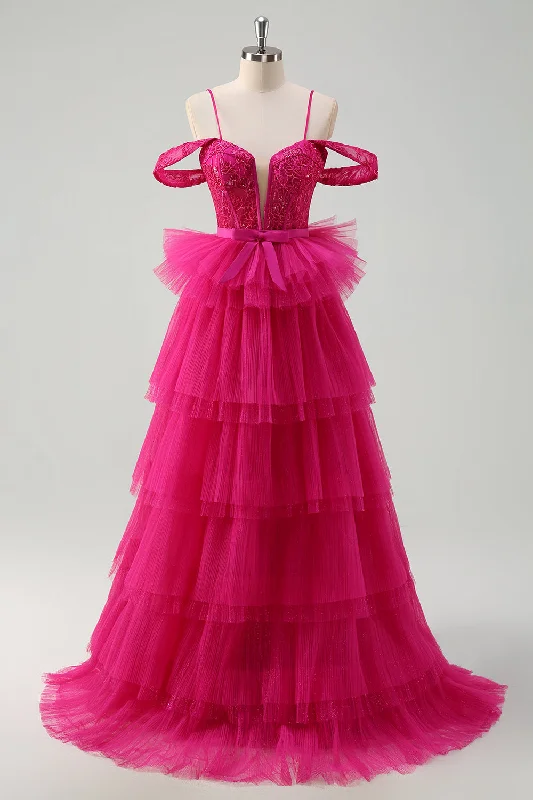 Mini cocktail dresses with a denim fabric for a casual - chic lookHot Pink Cold Shoulder A-Line Tulle Tiered Long Prom Dress with Appliques Mini cocktail dresses with a denim fabric for a casual - chic lookHot Pink Cold Shoulder A-Line Tulle Tiered Long Prom Dress with Appliques