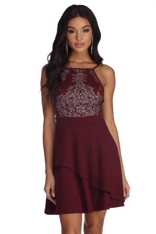 Mini cocktail dresses with a tiered ruffled skirt and a scoop neckKairi Formal Scroll Print Mini Dress Mini cocktail dresses with a tiered ruffled skirt and a scoop neckKairi Formal Scroll Print Mini Dress