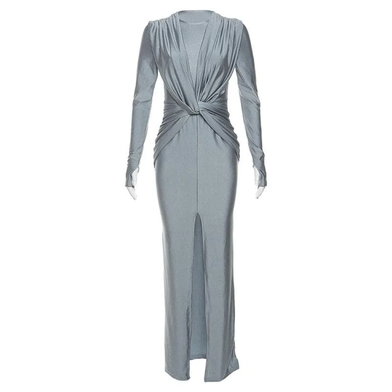 Cocktail dresses with a keyhole back and a midi - lengthBerryBetty - Knotted slit solid long sleeve ruched maxi dress Cocktail dresses with a keyhole back and a midi - lengthBerryBetty - Knotted slit solid long sleeve ruched maxi dress
