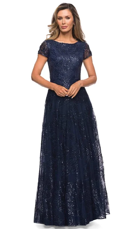 Ruffled - sleeve wedding guest dresses in light blue for a spring weddingLa Femme - 27837 Sequined Lace Bateau A-line Dress Ruffled - sleeve wedding guest dresses in light blue for a spring weddingLa Femme - 27837 Sequined Lace Bateau A-line Dress