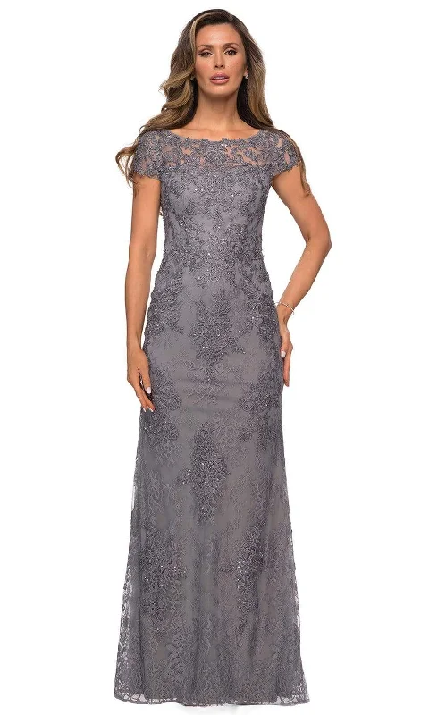 Velvet - trimmed wedding guest dresses in burgundy for a formal eventLa Femme - 27856 Lace Bateau Mother of the Bride Sheath Dress Velvet - trimmed wedding guest dresses in burgundy for a formal eventLa Femme - 27856 Lace Bateau Mother of the Bride Sheath Dress