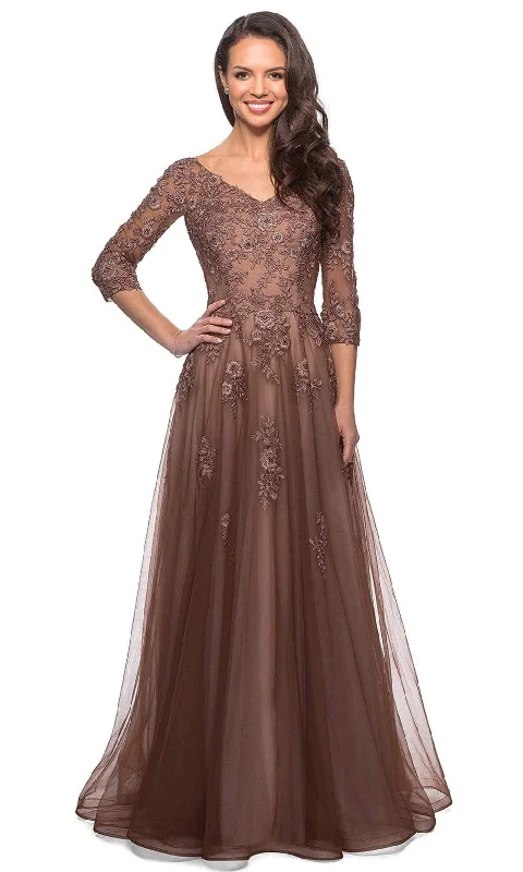 Velvet - trimmed wedding guest dresses in burgundy for a formal eventLa Femme - 27908 Floral Lace V-Neck A-line Gown