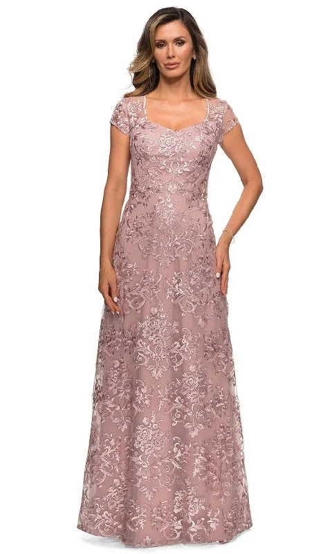 Wedding guest dresses with keyhole backs and flowing fabricsLa Femme - 27951 Lace V Neck Sheath Mother of the Bride Dress Wedding guest dresses with keyhole backs and flowing fabricsLa Femme - 27951 Lace V Neck Sheath Mother of the Bride Dress