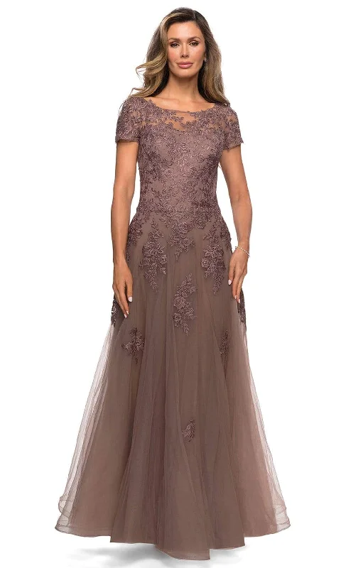 Wedding guest dresses with belted waists and knee - length skirtsLa Femme - 27958 Embroidered Short Sleeve Tulle A-Line Dress Wedding guest dresses with belted waists and knee - length skirtsLa Femme - 27958 Embroidered Short Sleeve Tulle A-Line Dress