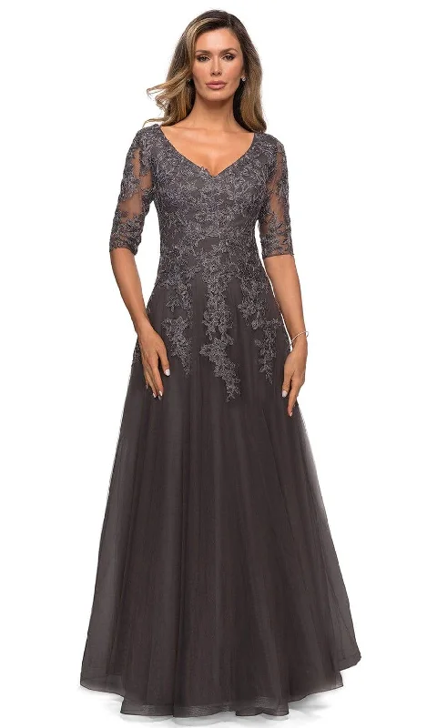 Geometric - printed wedding guest dresses for a modern weddingLa Femme - 27993 Floral Lace V Neck A-Line Long Dress Geometric - printed wedding guest dresses for a modern weddingLa Femme - 27993 Floral Lace V Neck A-Line Long Dress