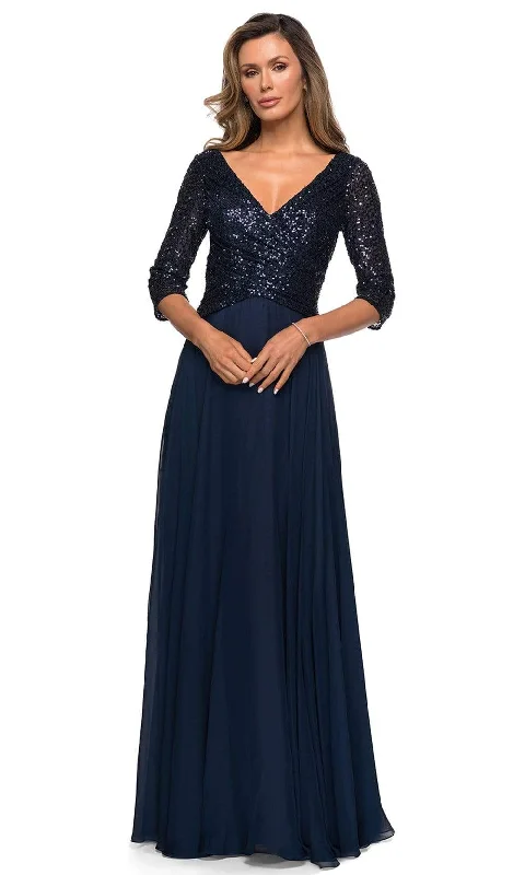 Wrap - style wedding guest dresses with bow accentsLa Femme - 27998 V-Neck A-Line Mother of the Groom Long Gown Wrap - style wedding guest dresses with bow accentsLa Femme - 27998 V-Neck A-Line Mother of the Groom Long Gown