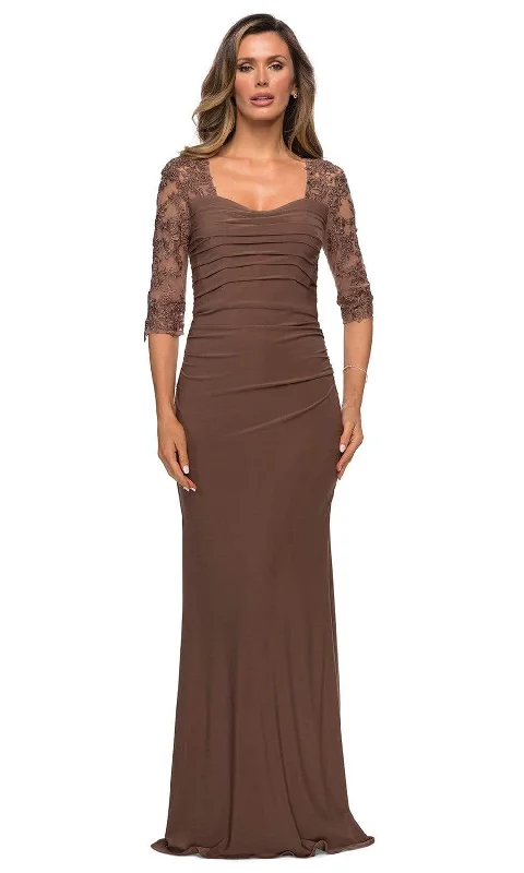 Sheath - style wedding guest dresses with lace overlaysLa Femme - 28056 Lace V-Neck Jersey Mother of the Bride Dress Sheath - style wedding guest dresses with lace overlaysLa Femme - 28056 Lace V-Neck Jersey Mother of the Bride Dress
