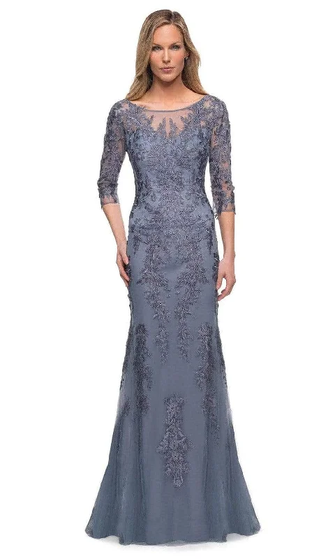 Satin wedding guest dresses with side slits for a sexy touchLa Femme - 29226 Embroidered Tulle Sheath Gown Satin wedding guest dresses with side slits for a sexy touchLa Femme - 29226 Embroidered Tulle Sheath Gown