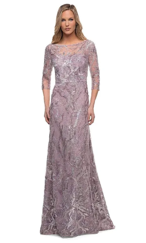 Tea - length wedding guest dresses with polka dot patternsLa Femme - 29233 Sheer Sleeve Embroidered A-line Gown Tea - length wedding guest dresses with polka dot patternsLa Femme - 29233 Sheer Sleeve Embroidered A-line Gown