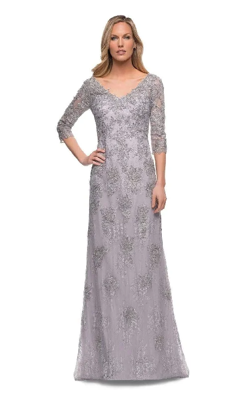 Wedding guest dresses with gathered skirts and V - necklinesLa Femme - 29379 Quarter Sleeve Lace Formal Dress Wedding guest dresses with gathered skirts and V - necklinesLa Femme - 29379 Quarter Sleeve Lace Formal Dress