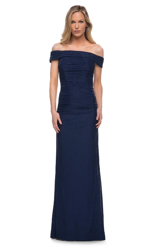 Wrap - style wedding guest dresses with bow accentsLa Femme - 29541 Off Shoulder Column Evening Dress Wrap - style wedding guest dresses with bow accentsLa Femme - 29541 Off Shoulder Column Evening Dress
