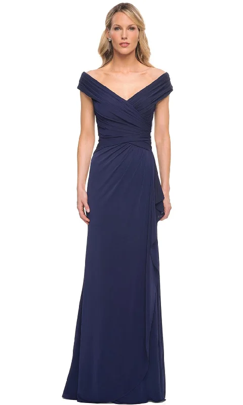 Long - sleeved wedding guest dresses in velvet for a winter weddingLa Femme 30040 - Shirred Bodice A Line Dress Long - sleeved wedding guest dresses in velvet for a winter weddingLa Femme 30040 - Shirred Bodice A Line Dress