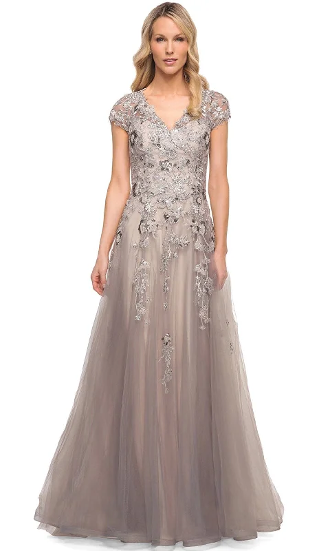Wedding guest dresses with button - down fronts and A - line silhouettesLa Femme 30239 - Embroidered V-Neck Mother of the Groom Dress