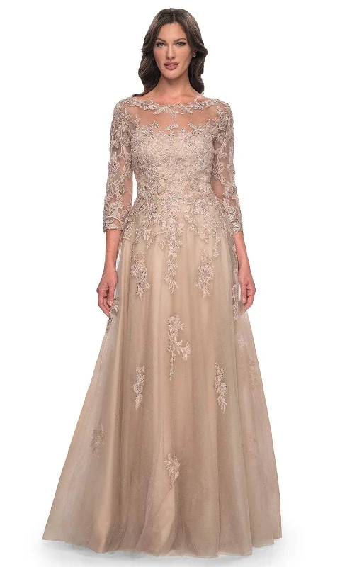 Wedding guest dresses with cut - out details and midi lengthsLa Femme 30859 - Quarter Sleeve Bateau Neck Evening Gown Wedding guest dresses with cut - out details and midi lengthsLa Femme 30859 - Quarter Sleeve Bateau Neck Evening Gown