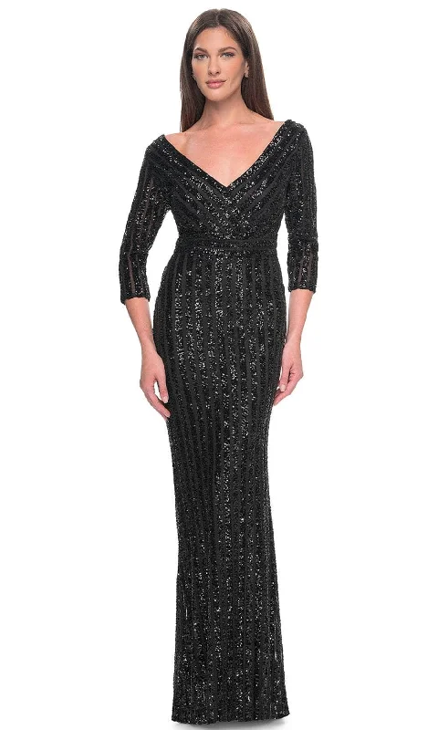 Off - the - shoulder wedding guest dresses in chiffonLa Femme 31681 - Sequin Embellished V-Neck Evening Dress