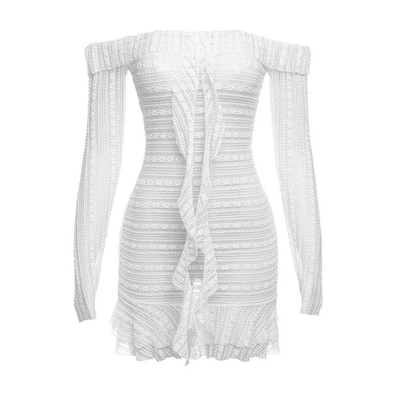 Mini cocktail dresses with a glittery finish for a party - ready styleBerryBetty - Lace see through off shoulder ruffle long sleeve solid mini dress Mini cocktail dresses with a glittery finish for a party - ready styleBerryBetty - Lace see through off shoulder ruffle long sleeve solid mini dress