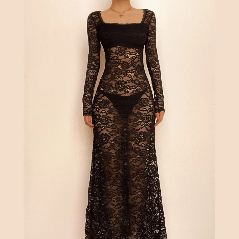 Cocktail dresses with a cut - out detail and a body - con fitBerryBetty - Lace see through square neck long sleeve zip-up solid maxi dress Cocktail dresses with a cut - out detail and a body - con fitBerryBetty - Lace see through square neck long sleeve zip-up solid maxi dress