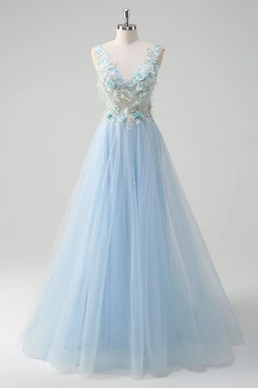 Lace - trimmed cocktail dresses in a pastel color for a soft appearanceLight Blue Deep V-Neck Tulle A-Line Long Prom Dress with 3D Flowers Lace - trimmed cocktail dresses in a pastel color for a soft appearanceLight Blue Deep V-Neck Tulle A-Line Long Prom Dress with 3D Flowers