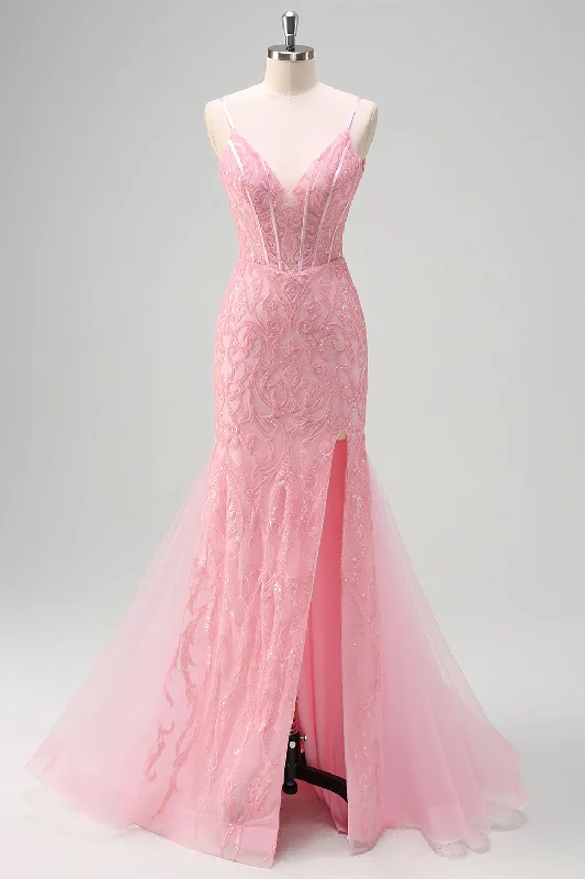 Cocktail dresses with a tassel - adorned belt and a sheath styleSparkly Light Pink Mermaid V-Neck Corset Sequin Prom Dress with Slit Cocktail dresses with a tassel - adorned belt and a sheath styleSparkly Light Pink Mermaid V-Neck Corset Sequin Prom Dress with Slit