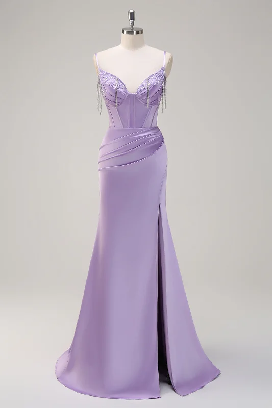 Cocktail dresses with an abstract print and a high - low hemlineLilac Mermaid Spaghetti Straps Ruched Corset Long Prom Dress With Beading Cocktail dresses with an abstract print and a high - low hemlineLilac Mermaid Spaghetti Straps Ruched Corset Long Prom Dress With Beading