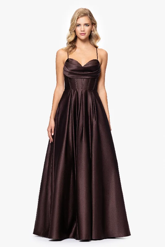 Lace - trimmed cocktail dresses in a pastel color for a soft appearance"Liza" Lamour Satin Draped Corset Tieback Gown Lace - trimmed cocktail dresses in a pastel color for a soft appearance"Liza" Lamour Satin Draped Corset Tieback Gown