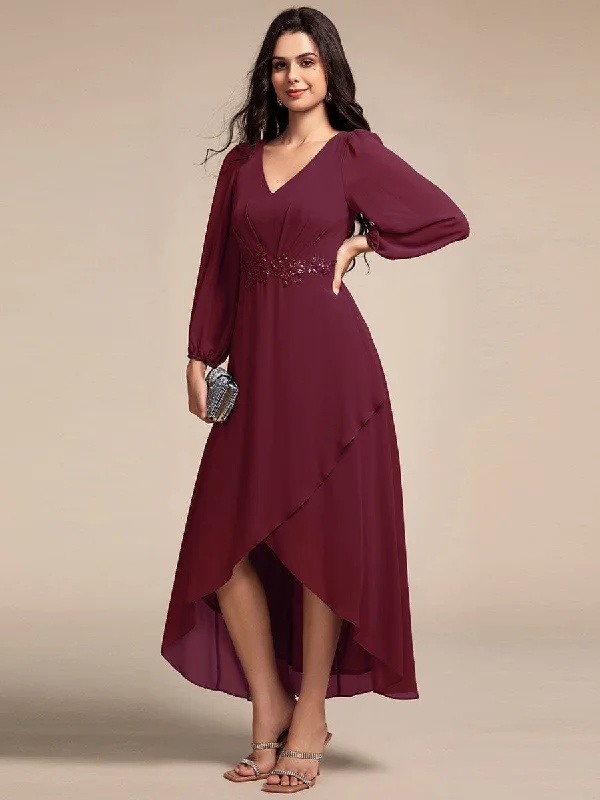 Lace - trimmed cocktail dresses in a pastel color for a soft appearanceNora | Long Lantern Sleeves Waist Applique Chiffon Formal Evening Dress