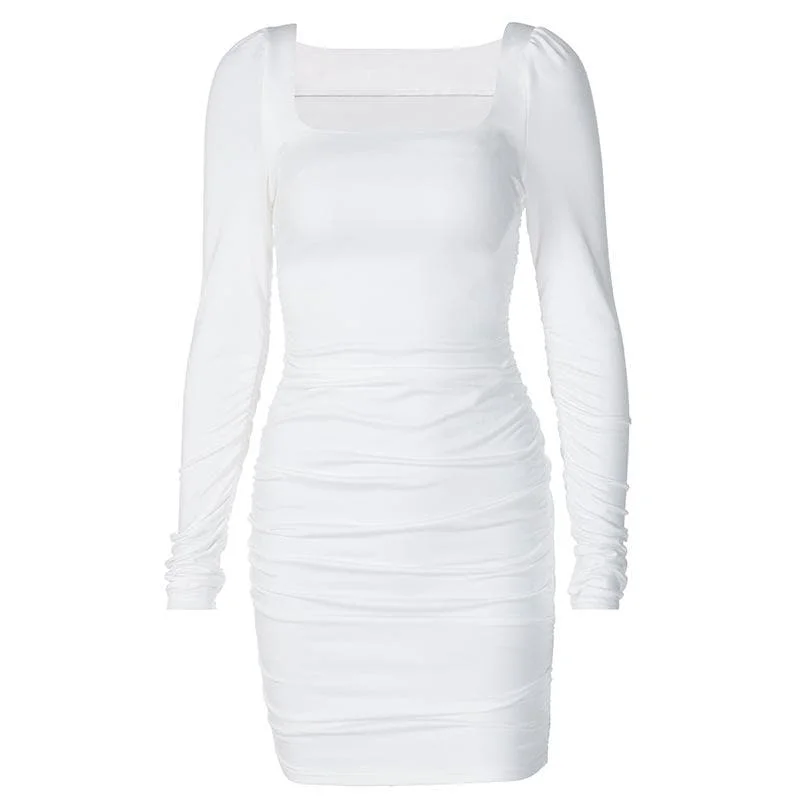Mini cocktail dresses with a glittery finish for a party - ready styleBerryBetty - Long sleeve solid square neck ruched mini dress Mini cocktail dresses with a glittery finish for a party - ready styleBerryBetty - Long sleeve solid square neck ruched mini dress